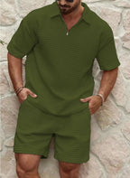 Men's Relaxed Waffle Knit Loungewear Set with Quarter-Zip