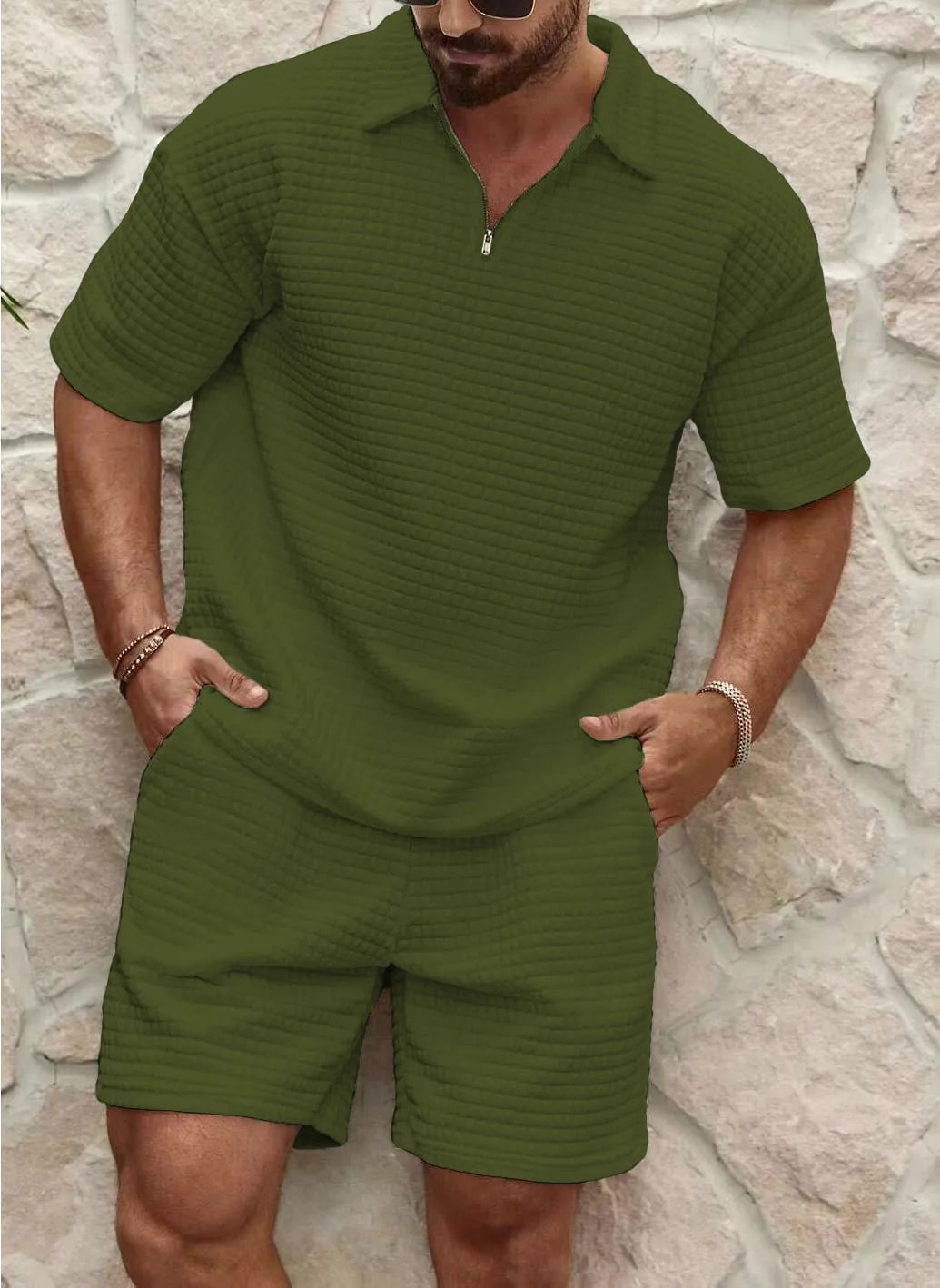 Men's Relaxed Waffle Knit Loungewear Set with Quarter-Zip