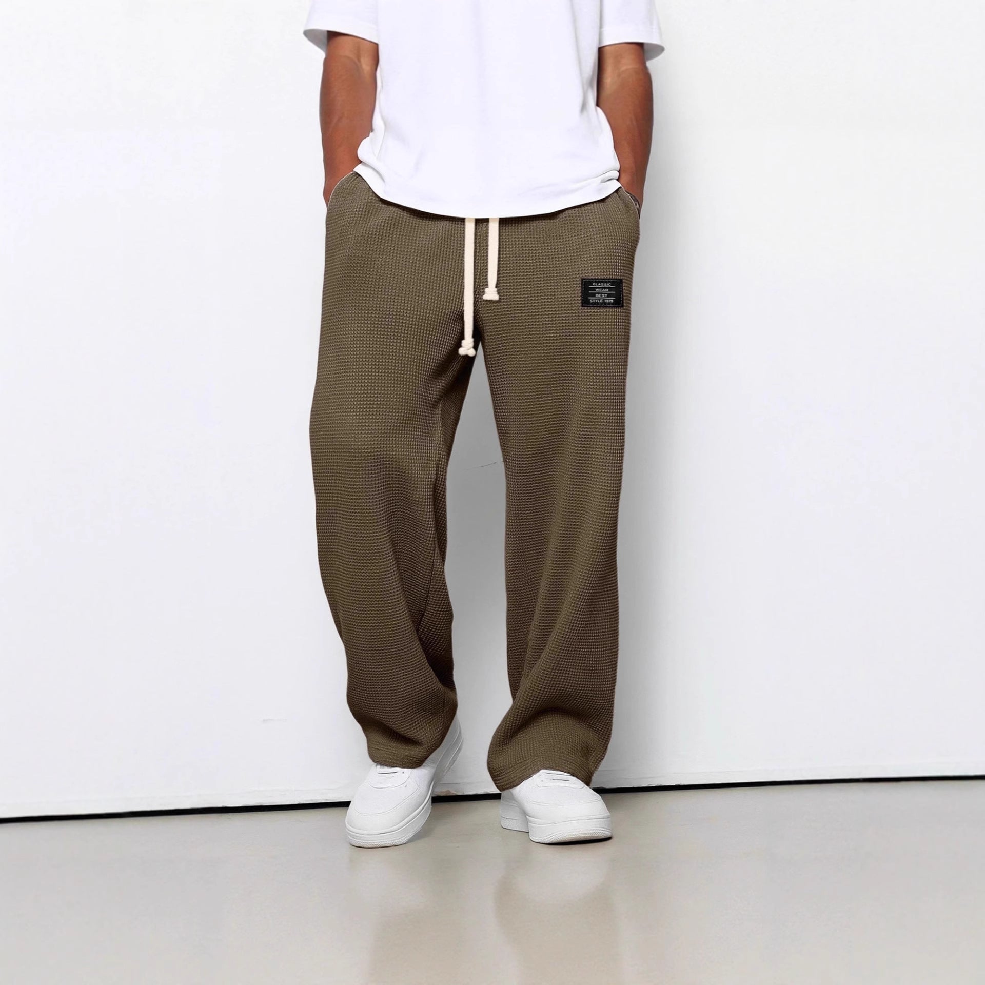 Men's Soft Blue Waffle-Knit Wide-Leg Trousers with Side Pockets