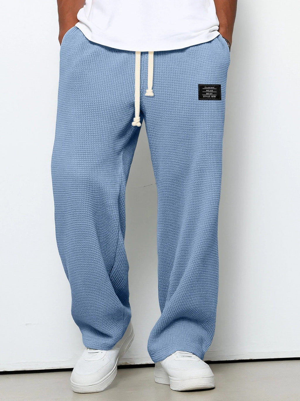 Men's Soft Blue Waffle-Knit Wide-Leg Trousers with Side Pockets