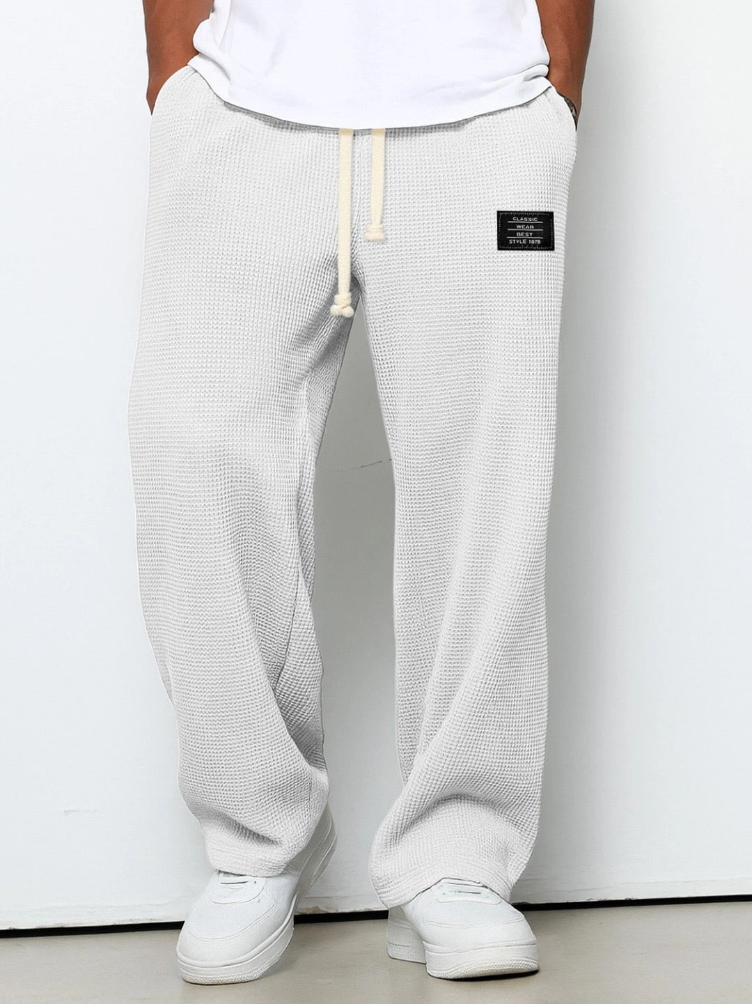 Men's Soft Blue Waffle-Knit Wide-Leg Trousers with Side Pockets