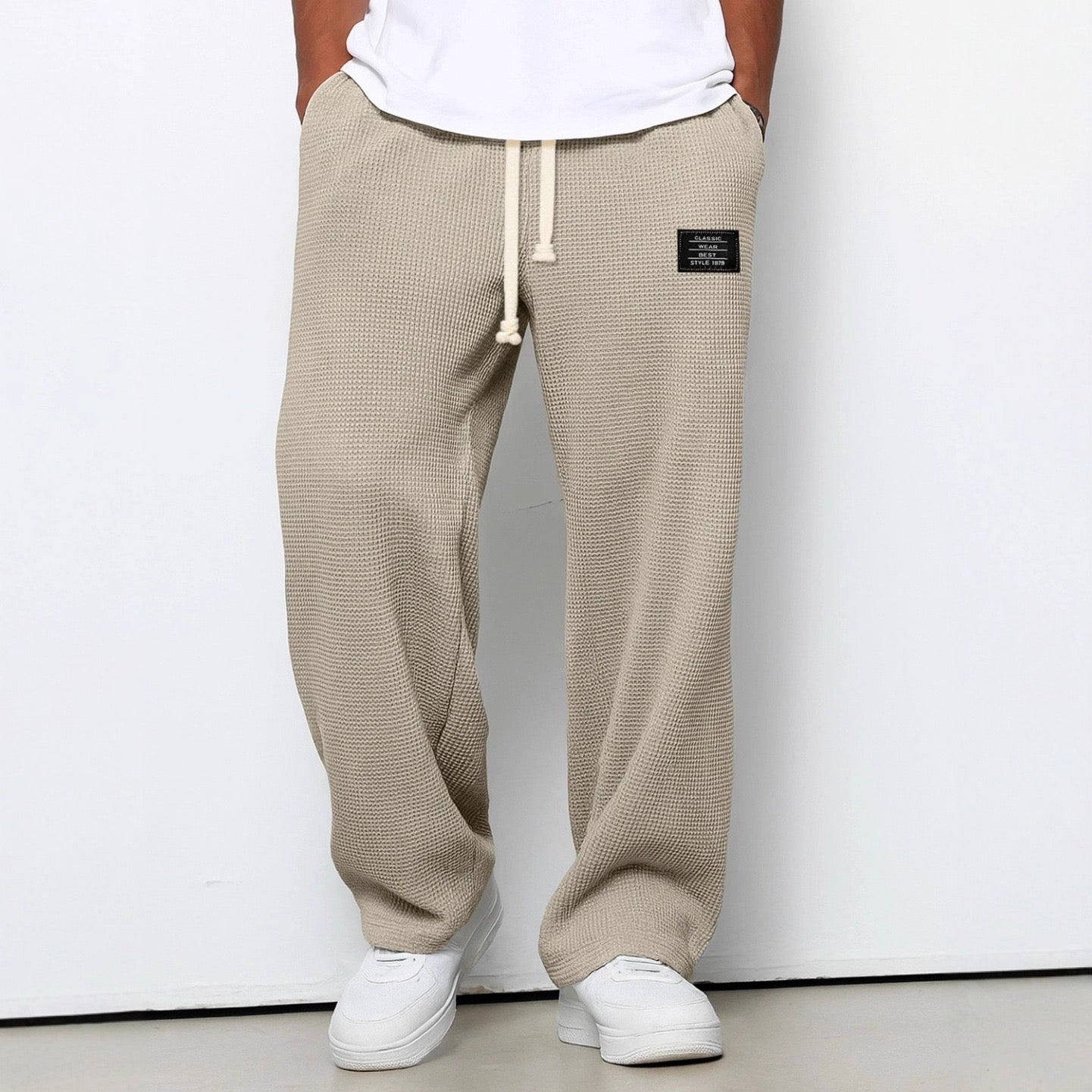 Men's Soft Blue Waffle-Knit Wide-Leg Trousers with Side Pockets