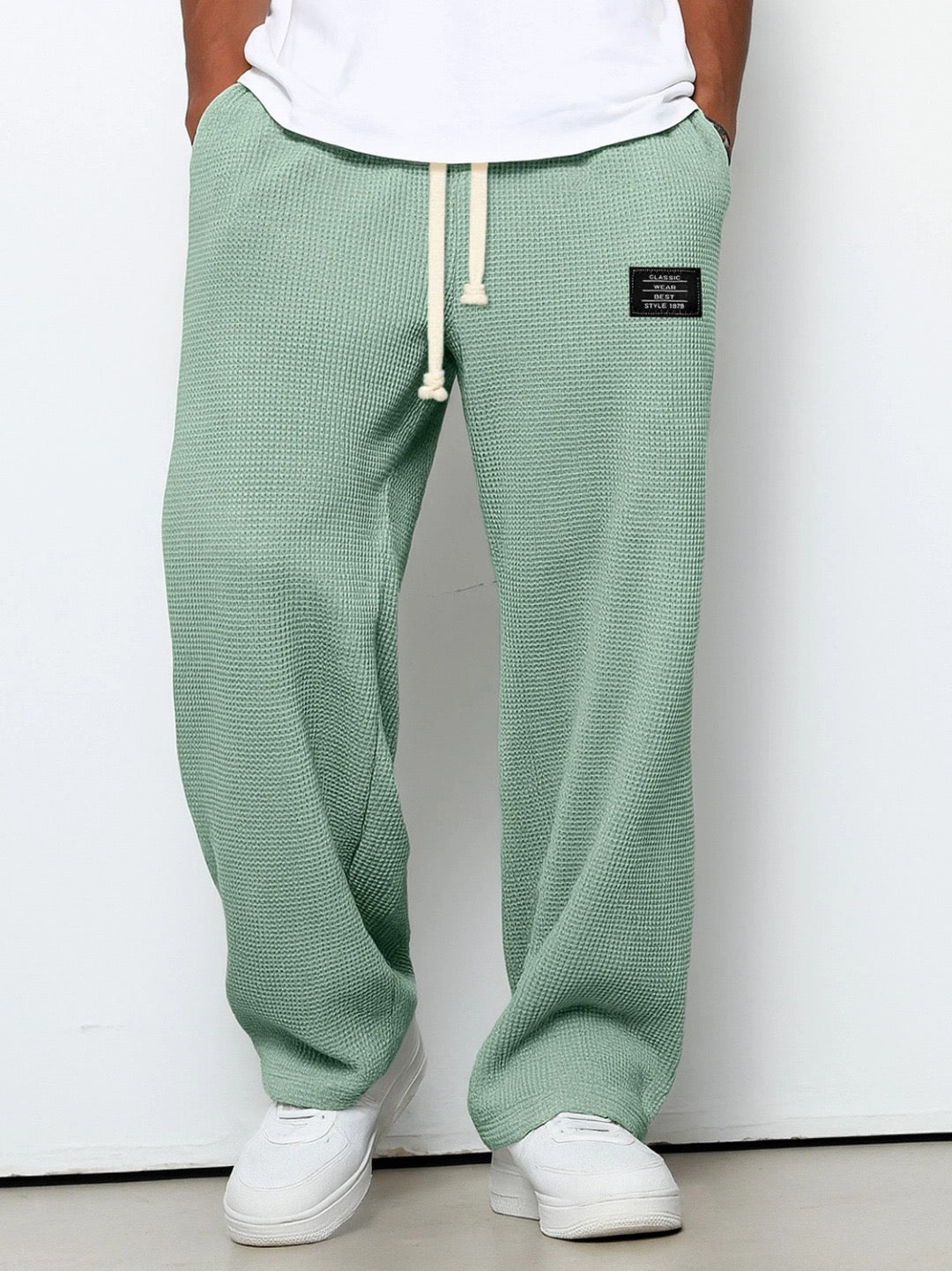 Men's Soft Blue Waffle-Knit Wide-Leg Trousers with Side Pockets