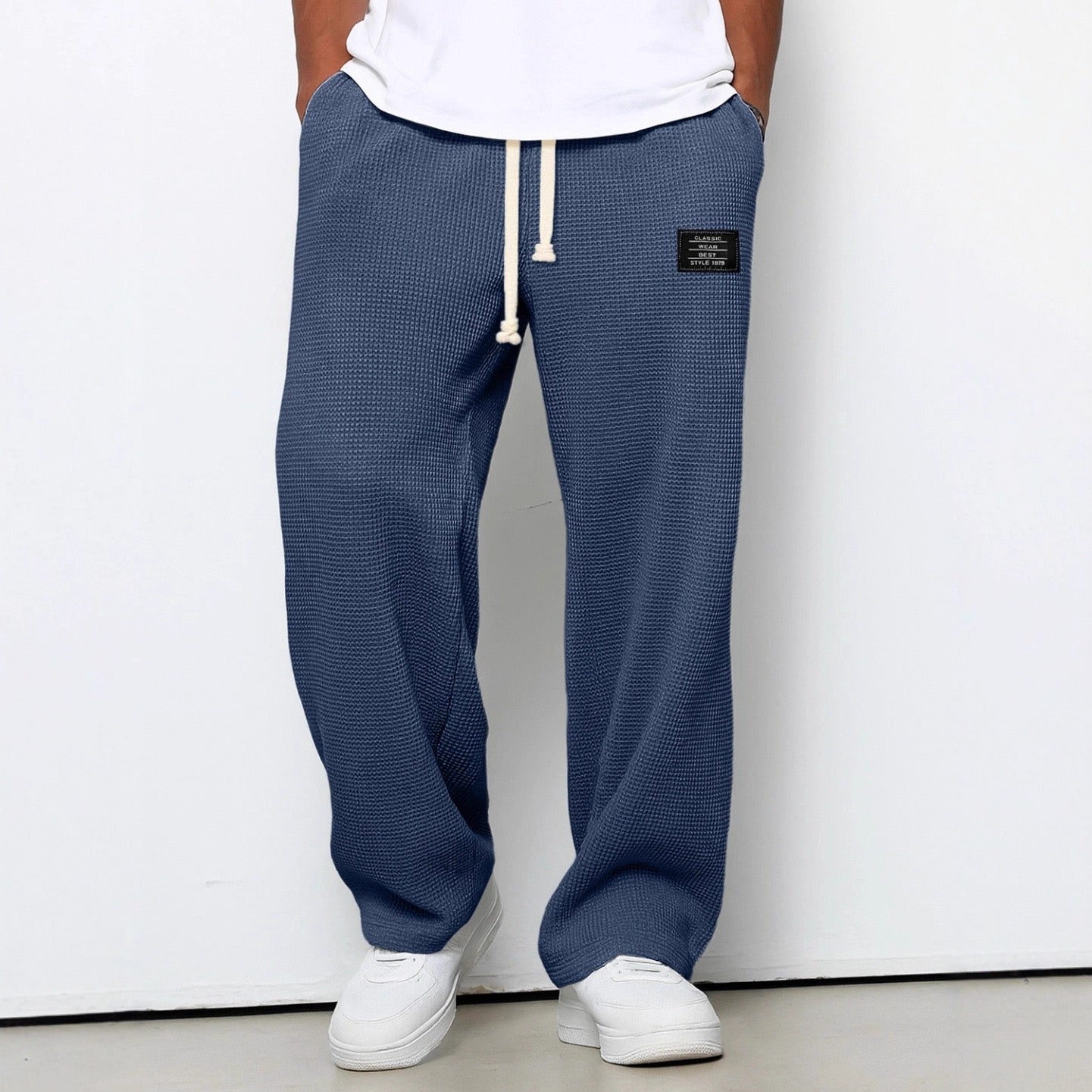 Men's Soft Blue Waffle-Knit Wide-Leg Trousers with Side Pockets