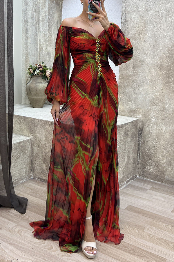 Women's Chiffon Maxi Dress with Off-Shoulder Neckline
