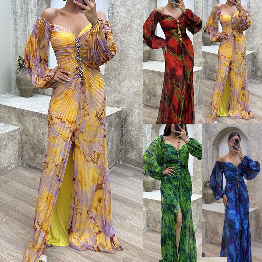 Women's Chiffon Maxi Dress with Off-Shoulder Neckline