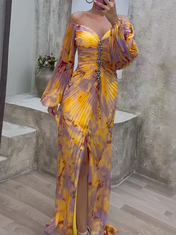 Women's Chiffon Maxi Dress with Off-Shoulder Neckline