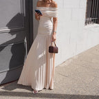 Women's Off-Shoulder Ruched Pleated Maxi Dress for Wedding Guests