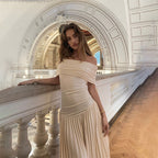 Women's Off-Shoulder Ruched Pleated Maxi Dress for Wedding Guests