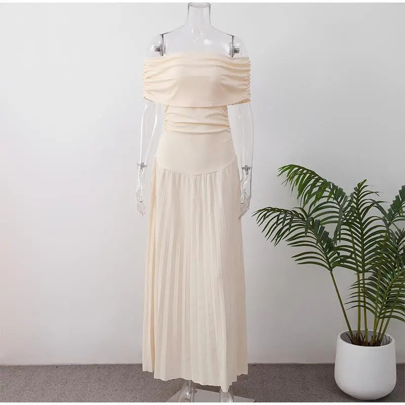 Women's Off-Shoulder Ruched Pleated Maxi Dress for Wedding Guests