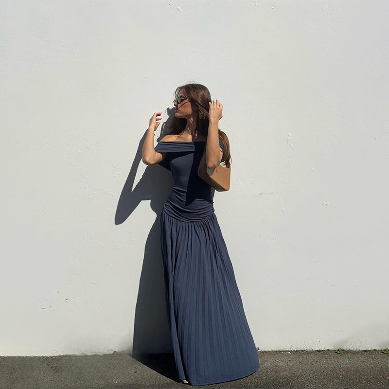 Women's Off-Shoulder Ruched Pleated Maxi Dress for Wedding Guests