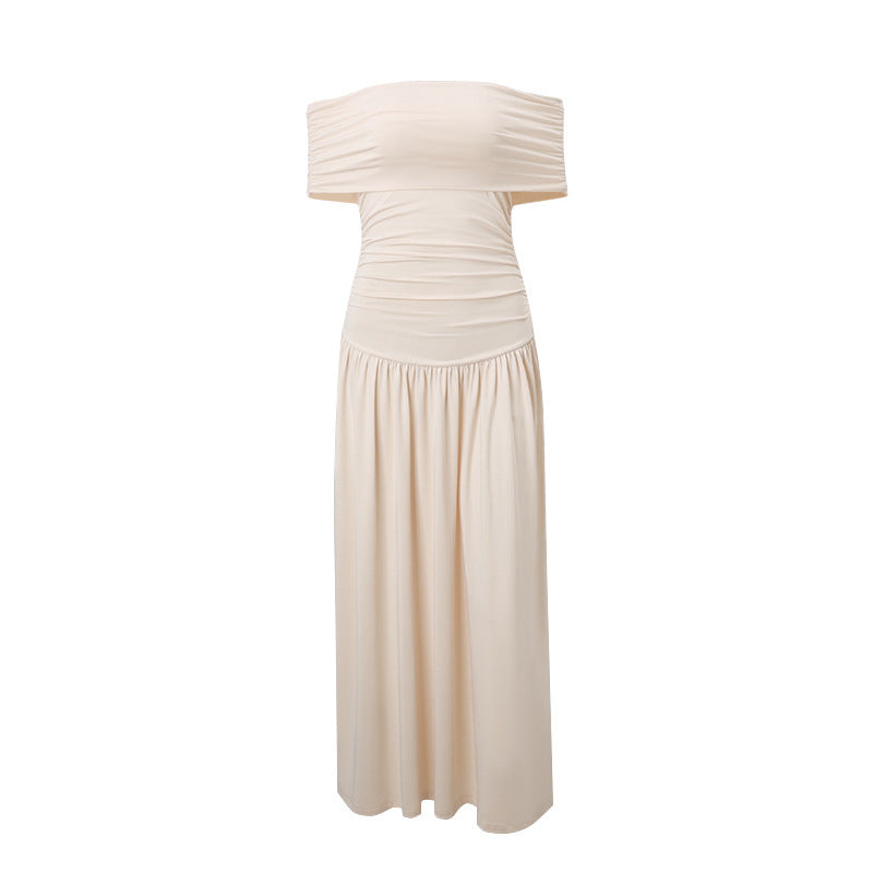 Women's Off-Shoulder Ruched Pleated Maxi Dress for Wedding Guests
