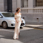 Women's Off-Shoulder Ruched Pleated Maxi Dress for Wedding Guests