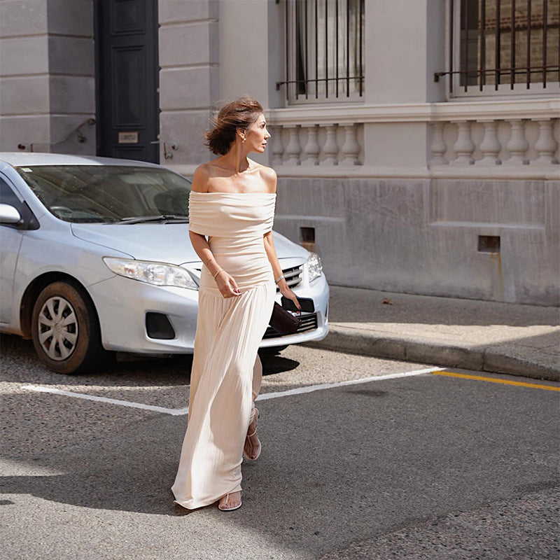 Women's Off-Shoulder Ruched Pleated Maxi Dress for Wedding Guests