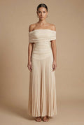 Women's Off-Shoulder Ruched Pleated Maxi Dress for Wedding Guests