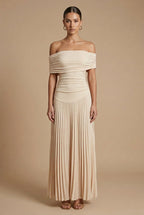 Women's Off-Shoulder Ruched Pleated Maxi Dress for Wedding Guests