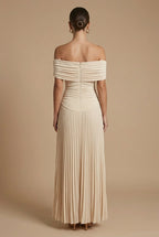 Women's Off-Shoulder Ruched Pleated Maxi Dress for Wedding Guests