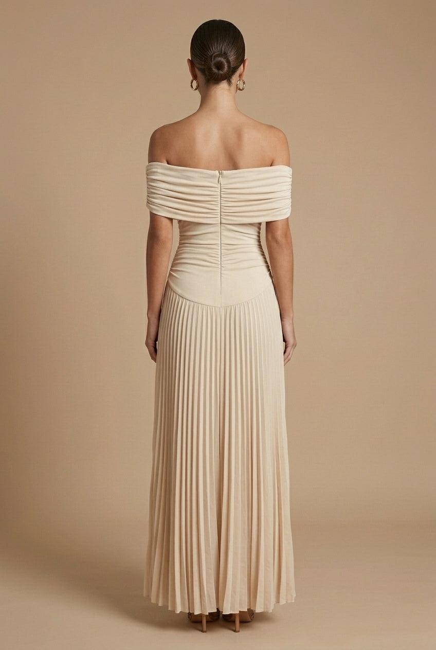 Women's Off-Shoulder Ruched Pleated Maxi Dress for Wedding Guests