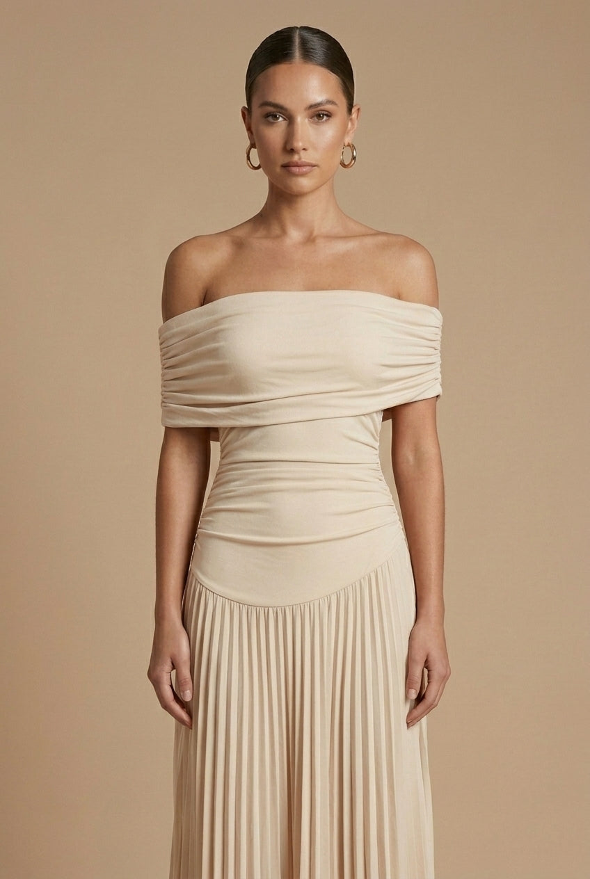 Women's Off-Shoulder Ruched Pleated Maxi Dress for Wedding Guests