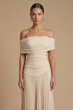 Women's Off-Shoulder Ruched Pleated Maxi Dress for Wedding Guests