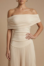 Women's Off-Shoulder Ruched Pleated Maxi Dress for Wedding Guests