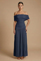Women's Off-Shoulder Ruched Pleated Maxi Dress for Wedding Guests