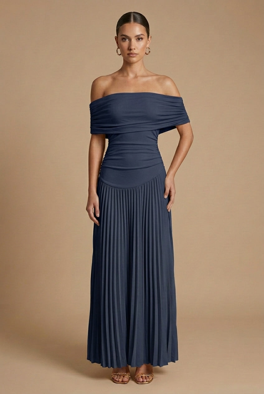 Women's Off-Shoulder Ruched Pleated Maxi Dress for Wedding Guests