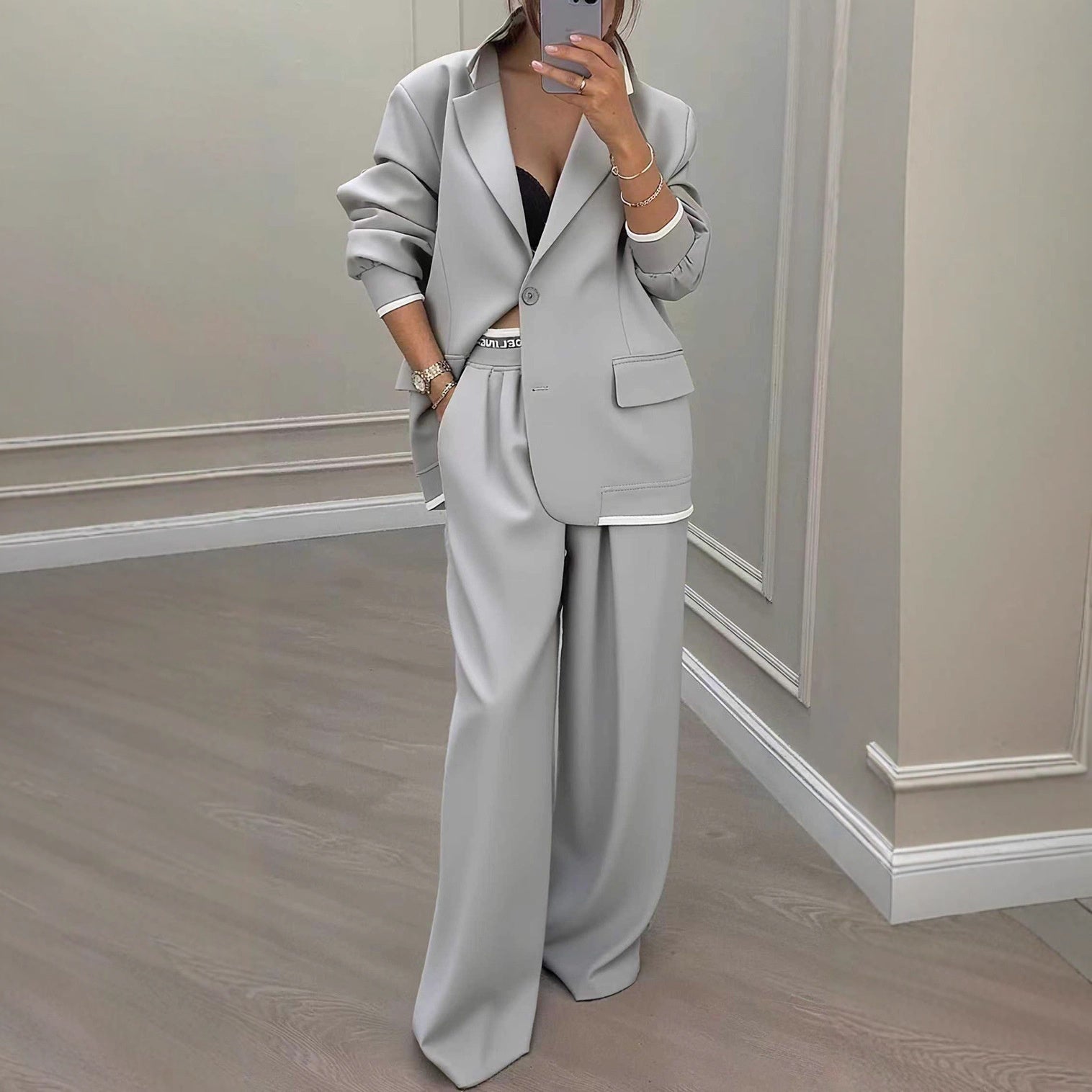 Women's Wide-Leg Two-Piece Suit with Contrast Trim Blazer