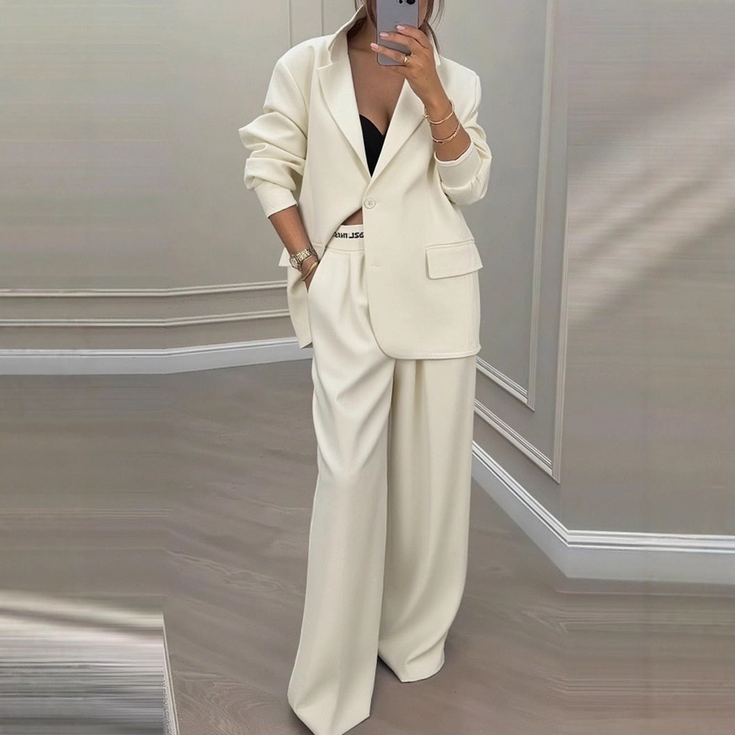 Women's Wide-Leg Two-Piece Suit with Contrast Trim Blazer