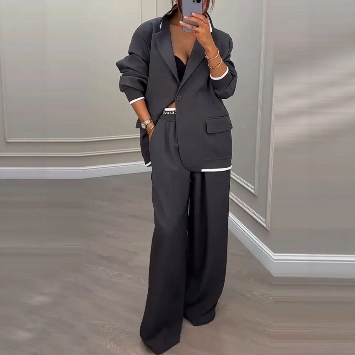 Women's Wide-Leg Two-Piece Suit with Contrast Trim Blazer