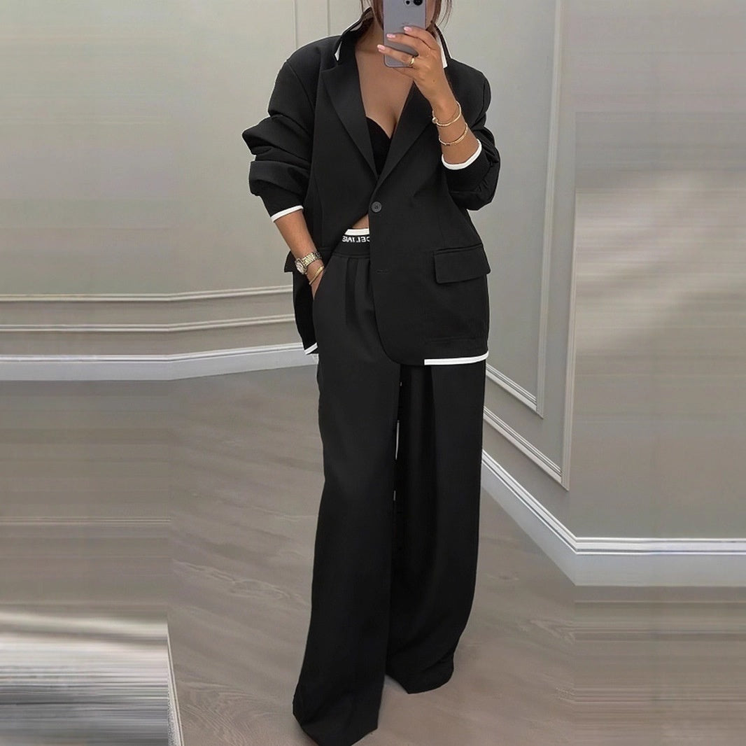 Women's Wide-Leg Two-Piece Suit with Contrast Trim Blazer
