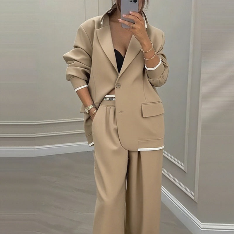 Women's Wide-Leg Two-Piece Suit with Contrast Trim Blazer