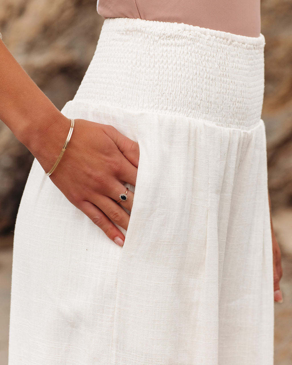 Women's High-Rise Wide-Leg Linen Pants with Shirred Waistband