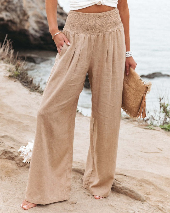 Women's High-Rise Wide-Leg Linen Pants with Shirred Waistband