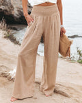 Women's High-Rise Wide-Leg Linen Pants with Shirred Waistband