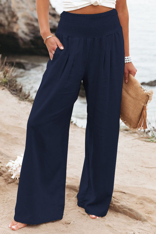 Women's High-Rise Wide-Leg Linen Pants with Shirred Waistband