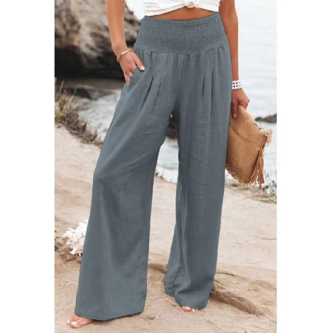 Women's High-Rise Wide-Leg Linen Pants with Shirred Waistband