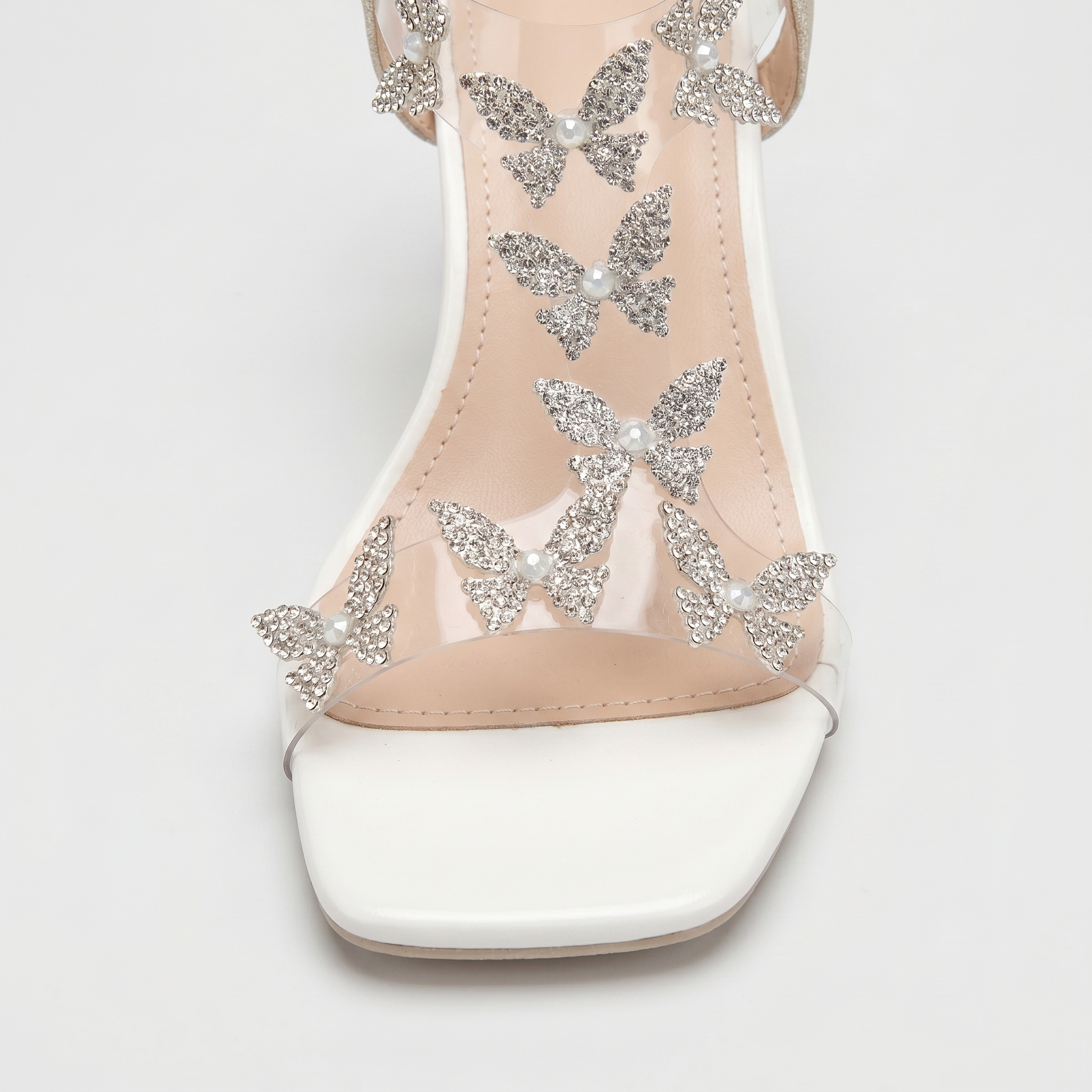 Women's Transparent Block Heel Sandals with Rhinestone Butterfly