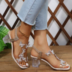 Women's Transparent Block Heel Sandals with Rhinestone Butterfly