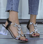 Women's Transparent Block Heel Sandals with Rhinestone Butterfly