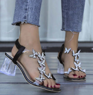 Women's Transparent Block Heel Sandals with Rhinestone Butterfly