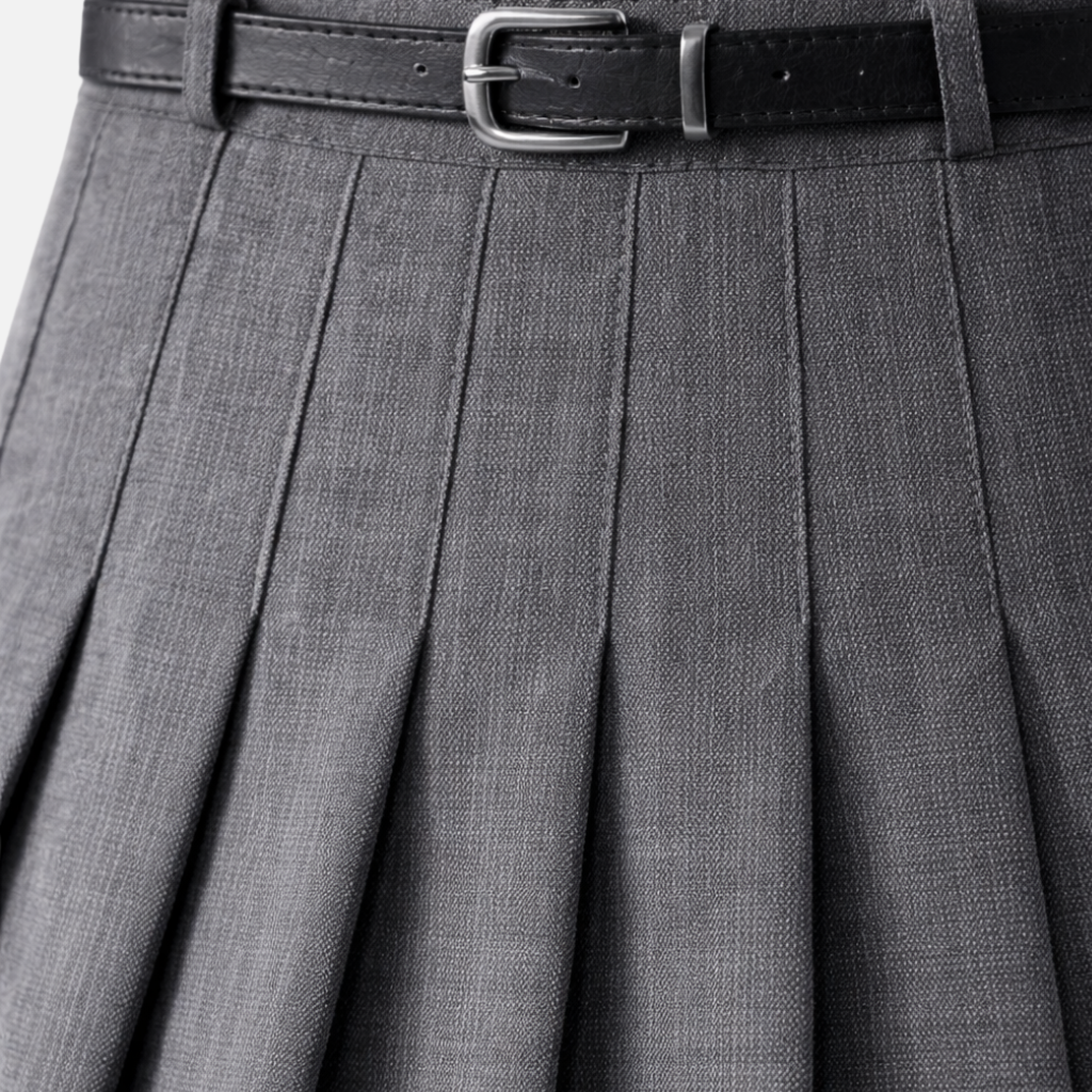 Women's High-Waist Pleated Midi Skirt with Adjustable Belt
