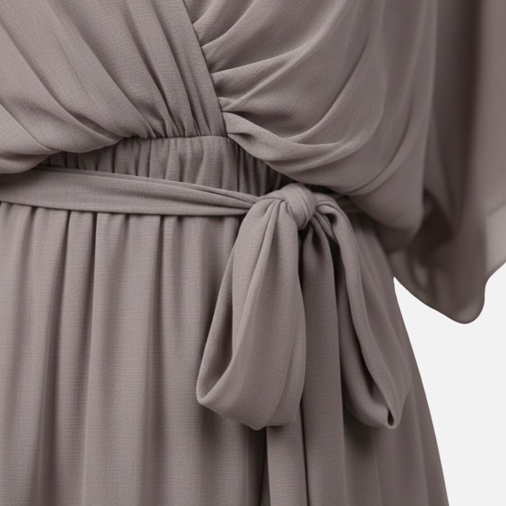 Women's Chiffon Midi Dress with V-Neck and Tie Belt