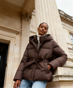 Women's Quilted Hooded Padded Coat with Tie Belt