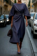 Women's Lantern-Sleeve Midi Dress with Waist Belt