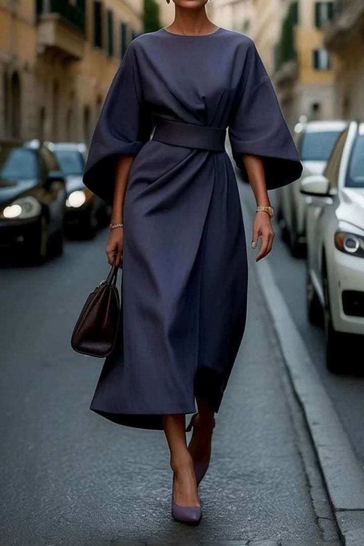 Women's Lantern-Sleeve Midi Dress with Waist Belt