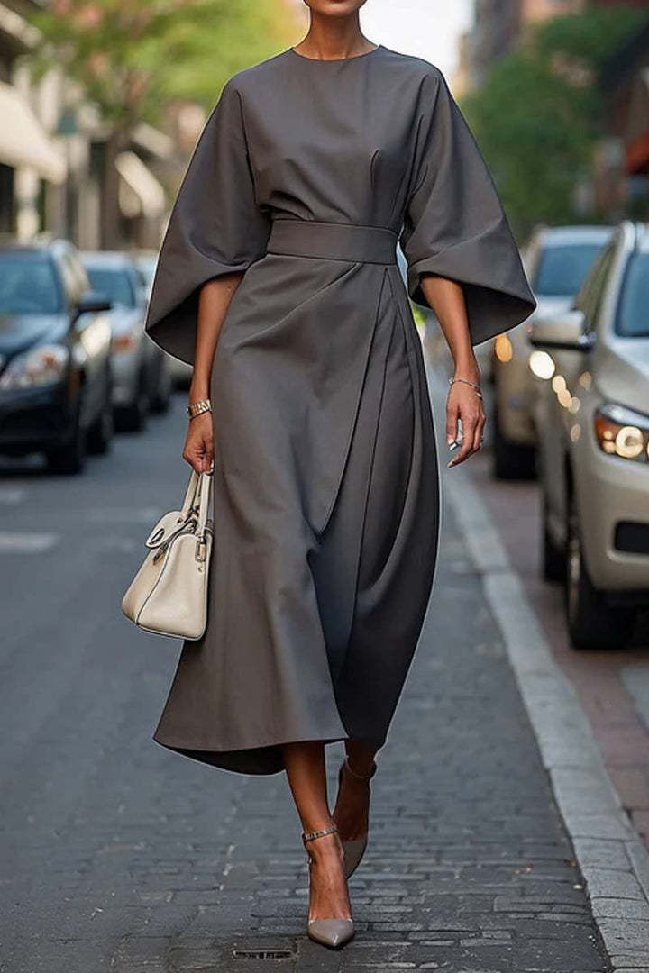 Women's Lantern-Sleeve Midi Dress with Waist Belt
