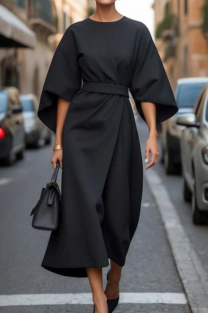 Women's Lantern-Sleeve Midi Dress with Waist Belt