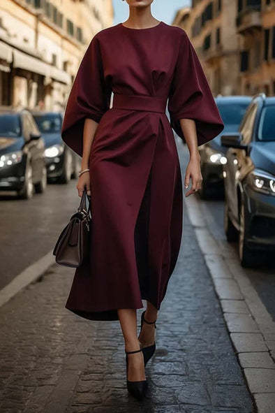 Women's Lantern-Sleeve Midi Dress with Waist Belt