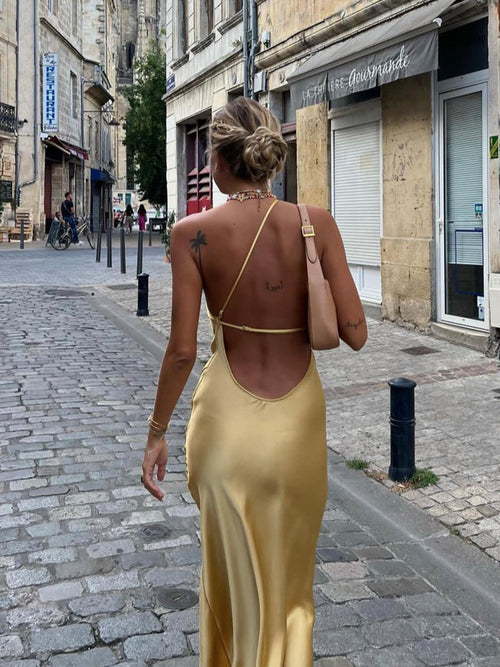 Women's Satin Backless Maxi Dress with Side Slit